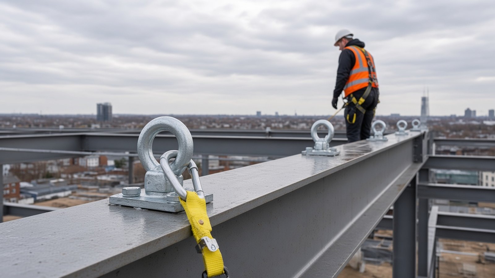 Galvanised safety eyebolts fixed along a structural steel beam
