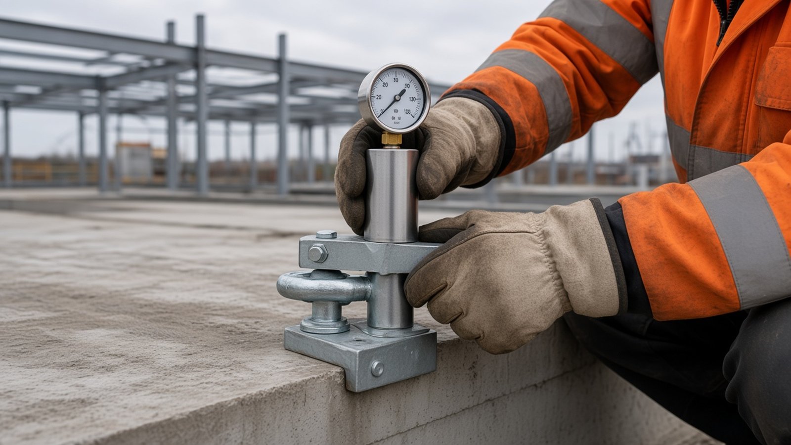 Hydraulic pull test on a galvanised anchor fixed to a concrete edge