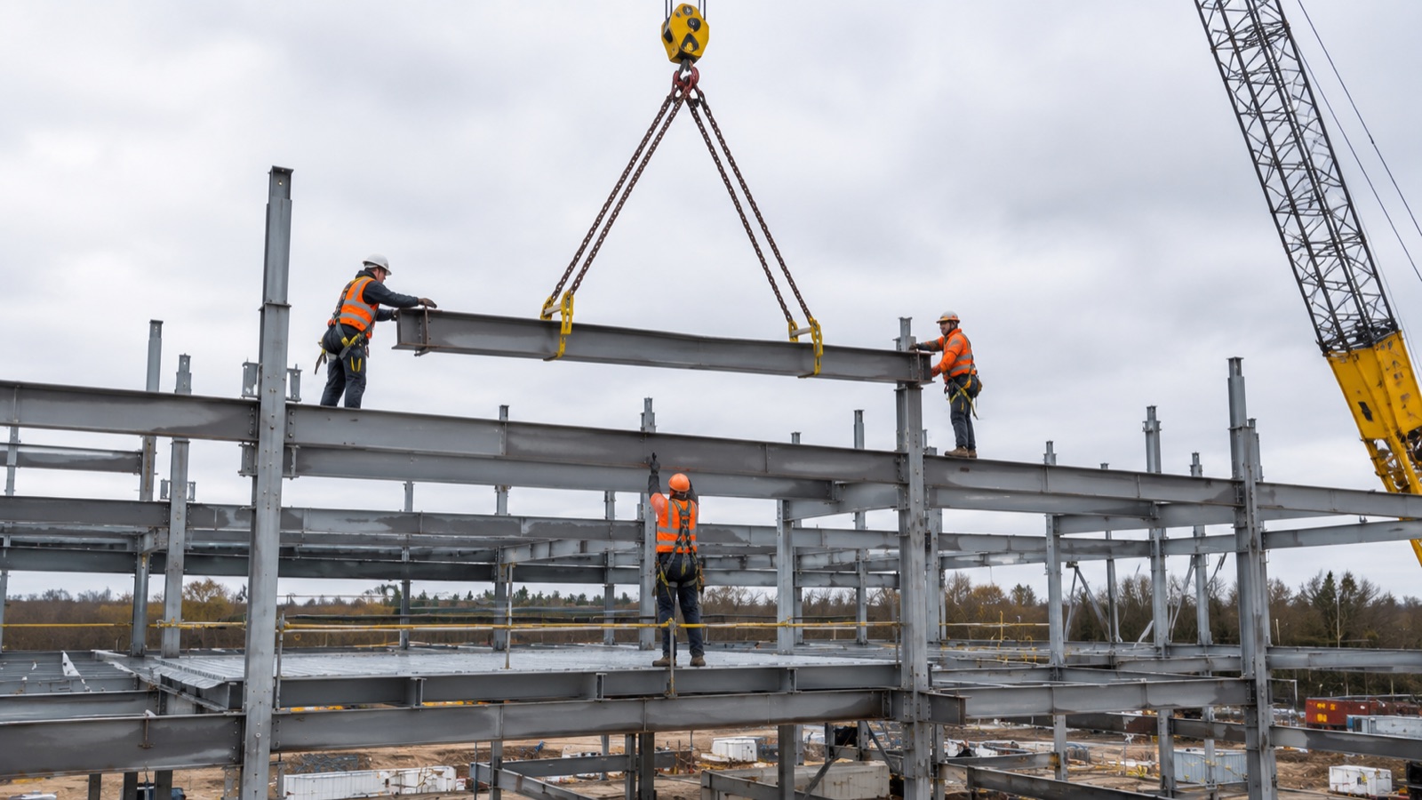 Structural steelwork installation on site